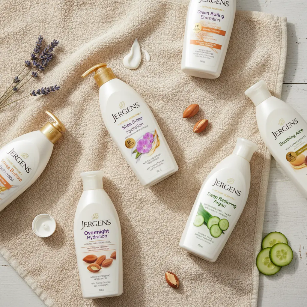 Jergens lotion collection displayed on towel – best Jergens lotion price in Pakistan