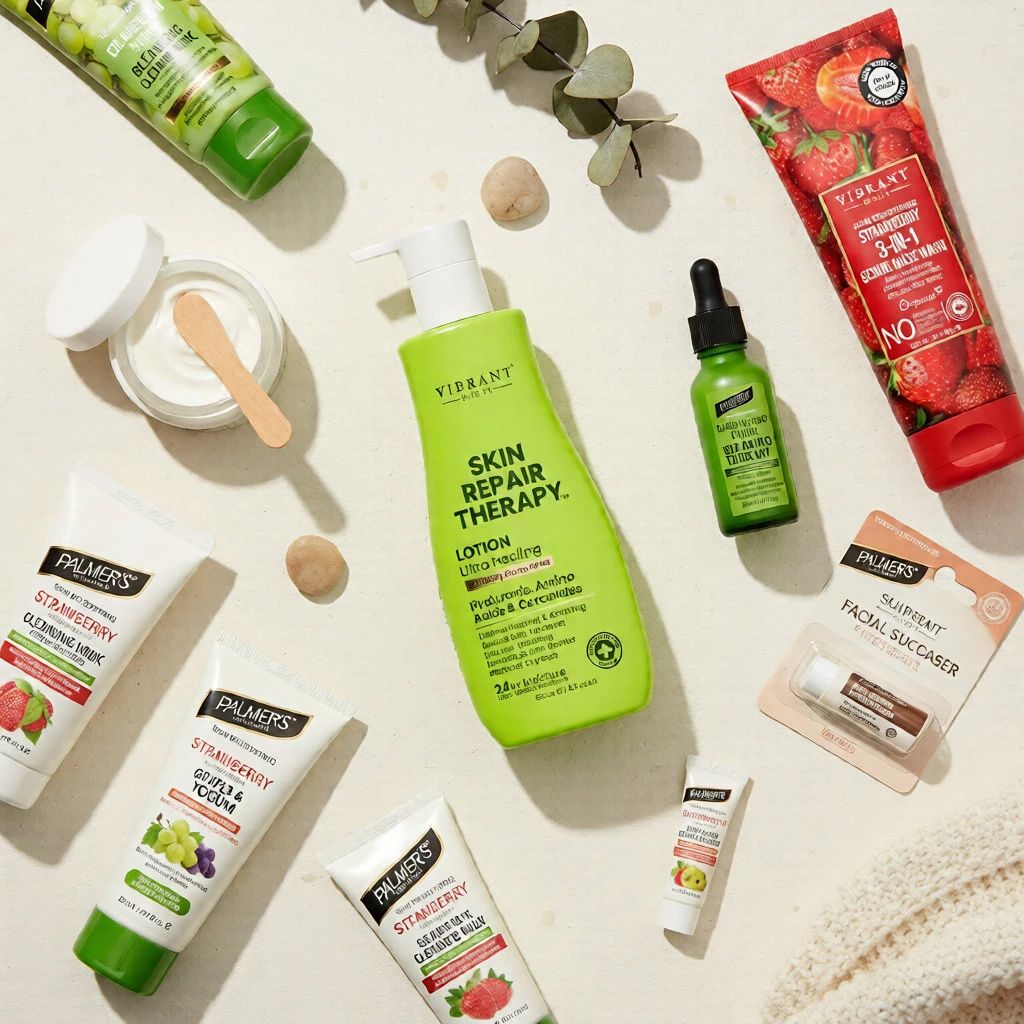 Flat lay of winter skincare essentials including ceramide moisturizer, hyaluronic acid serum, lip balm, and heel cream