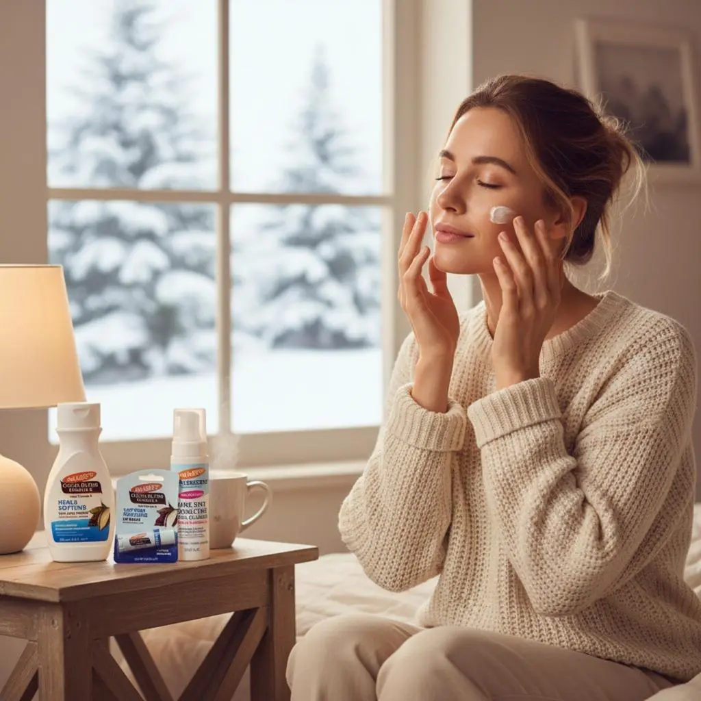 Woman applying moisturizer in winter with snow outside the window, showing healthy glowing skin during cold weather skincare
