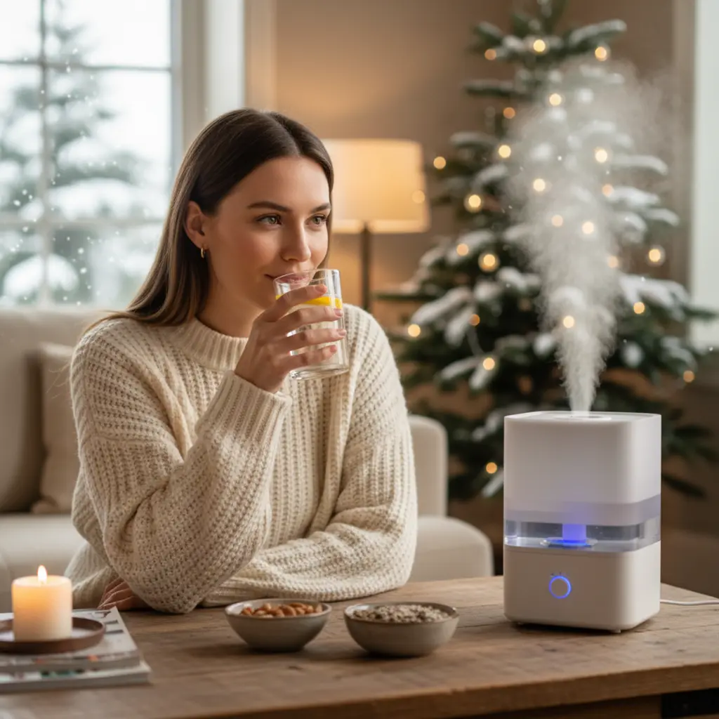 Woman drinking water near a humidifier with nuts and seeds on the table to support hydration and winter skincare