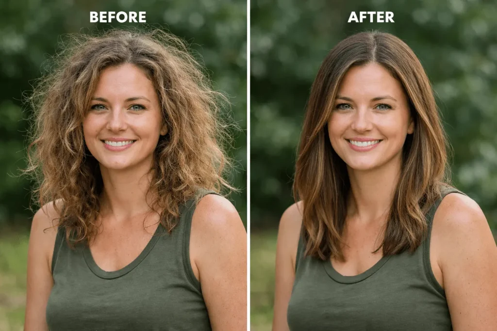Before and after frizzy hair control in humid weather using hair serum