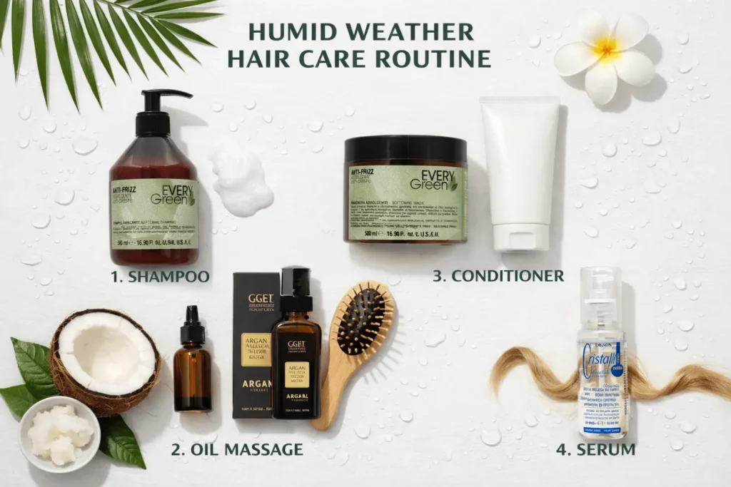 Essential steps of a complete hair care routine, including cleansing, scalp care, conditioning, and frizz control.