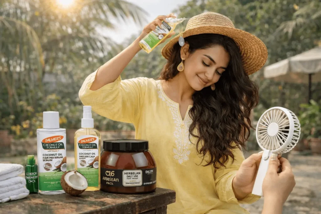 Hair care routine for Pakistani weather showing protection from heat and humidity