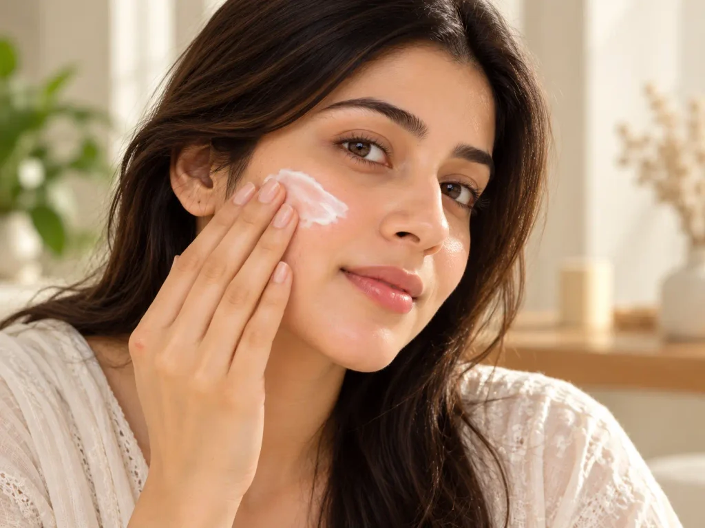 Applying moisturizer after a hydrating skincare serum