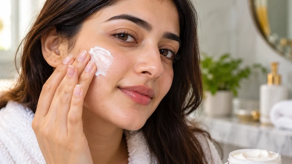 Applying moisturizer during a daily skincare routine