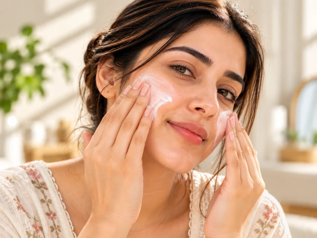 Applying sunscreen as the final step of a morning skincare routine